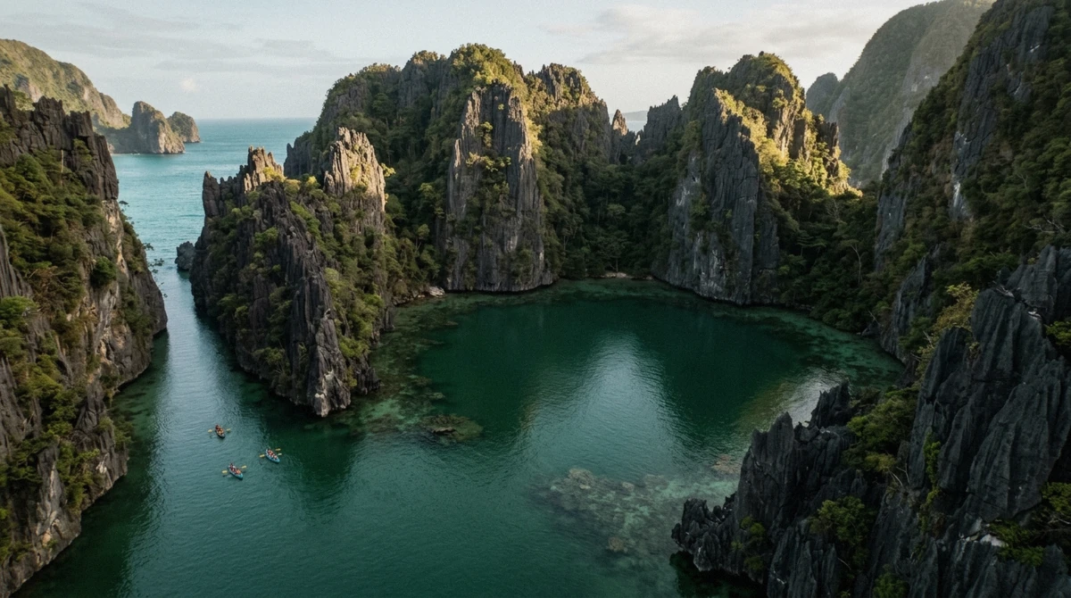 Kayakers paddling between towering limestone cliffs into a wide green lagoon on an El Nido island hopping tour, Miniloc Island, Bacuit Bay, Palawan