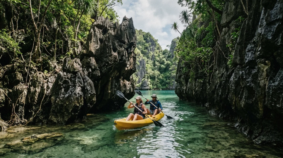 Two-seat kayak slipping through a narrow gap in the rock into the shallow turquoise Small Lagoon on an El Nido island hopping tour D, Palawan