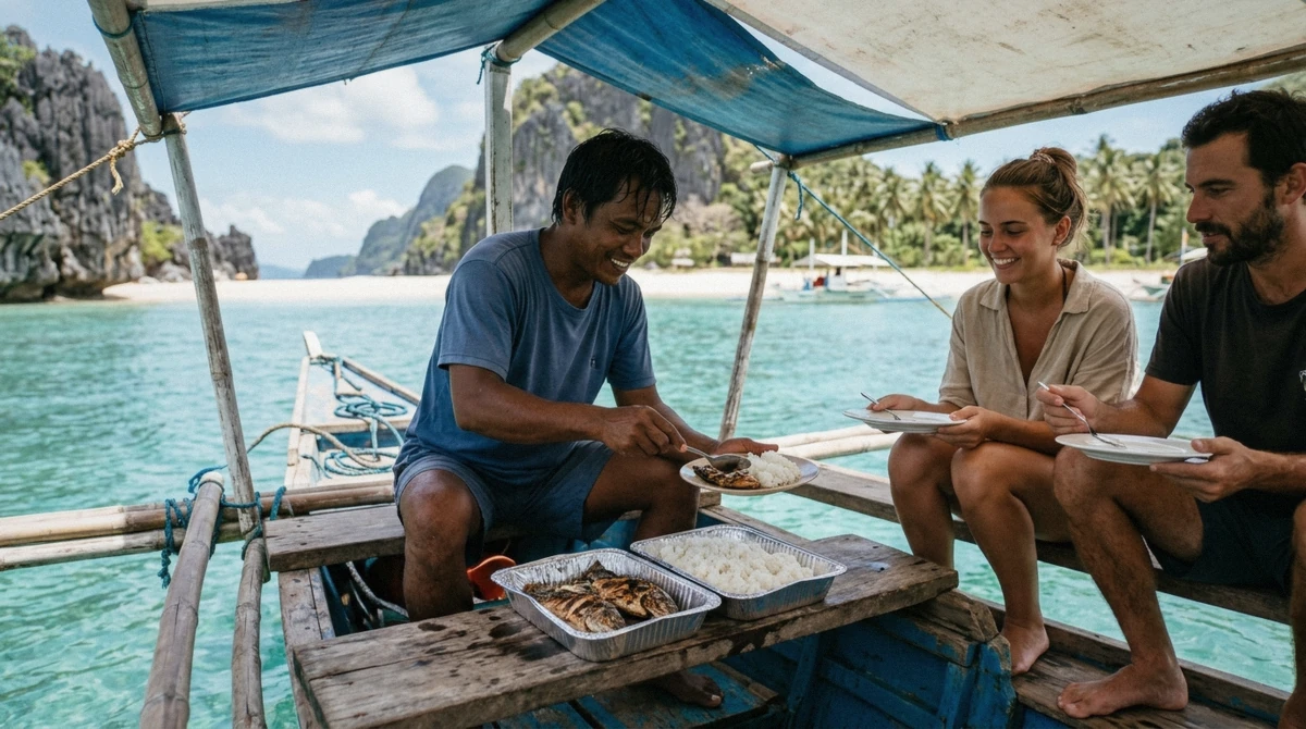 Passengers eating a buffet lunch of grilled fish and rice on a beach during a stop on an El Nido island hopping tour, Bacuit Bay, Palawan