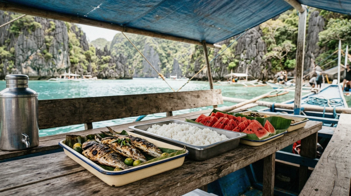 Grilled fish, rice and fruit laid out in trays on a bangka at lunchtime with a floating drinks vendor alongside on an El Nido island hopping tour, Palawan