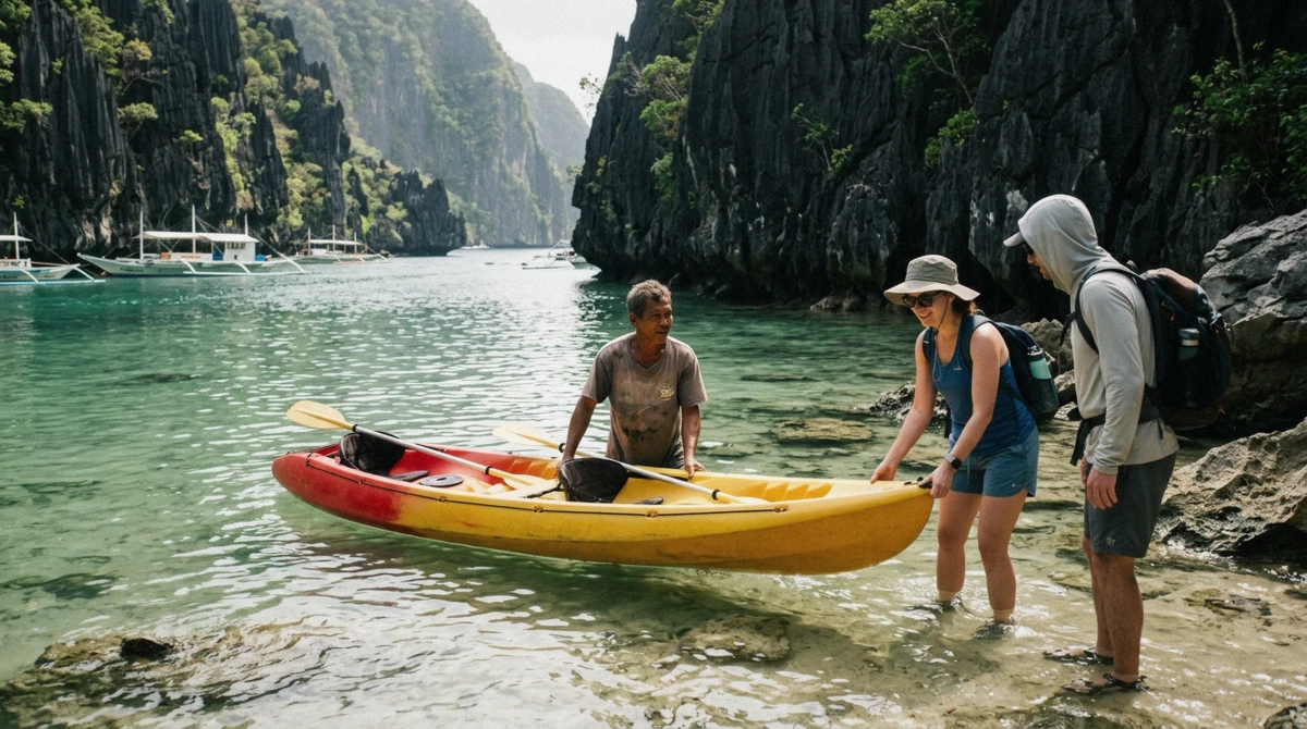 Two-seat kayaks lined up for rent at the mouth of the Big Lagoon with bangkas waiting behind them on an El Nido island hopping tour, Bacuit Bay, Palawan