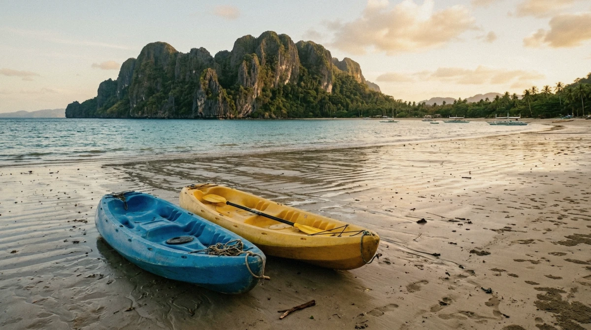 Wooden outrigger bangka chartered privately and anchored in shallow turquoise water on an El Nido island hopping tour, Bacuit Bay, Palawan