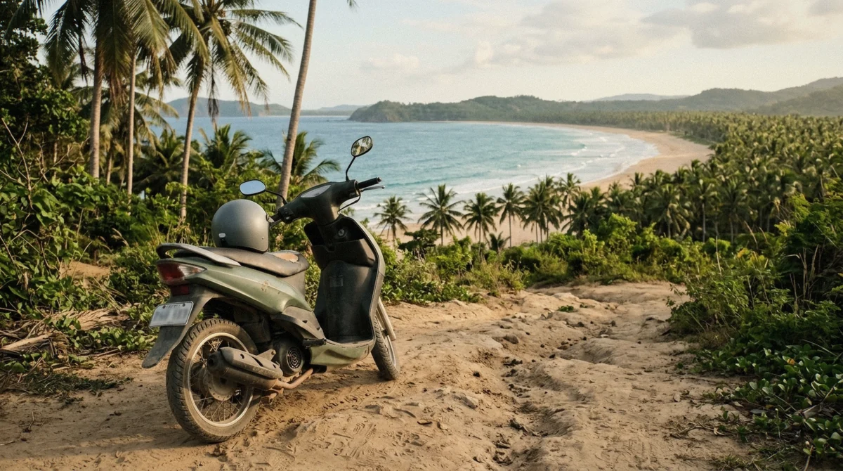 Rented scooter parked above an empty stretch of sand at Nacpan Beach, reachable without an El Nido island hopping tour, Bacuit Bay, Palawan