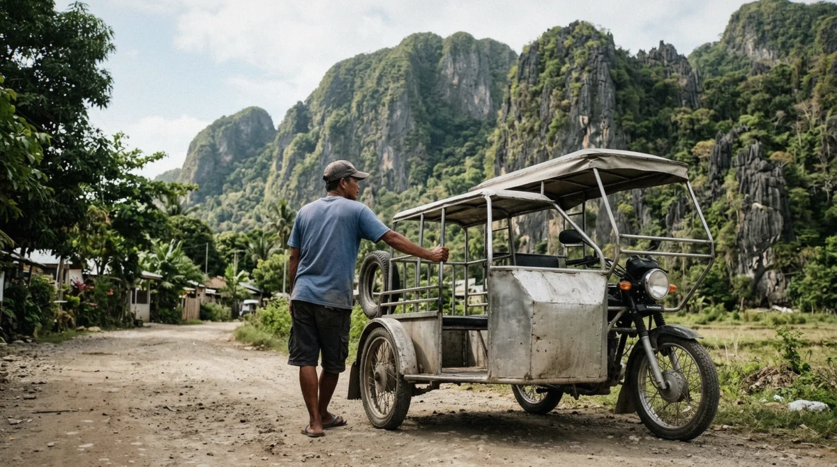 Tricycle waiting on a sandy track beside coconut palms at Las Cabanas beach, the land alternative to an El Nido island hopping tour, Bacuit Bay, Palawan