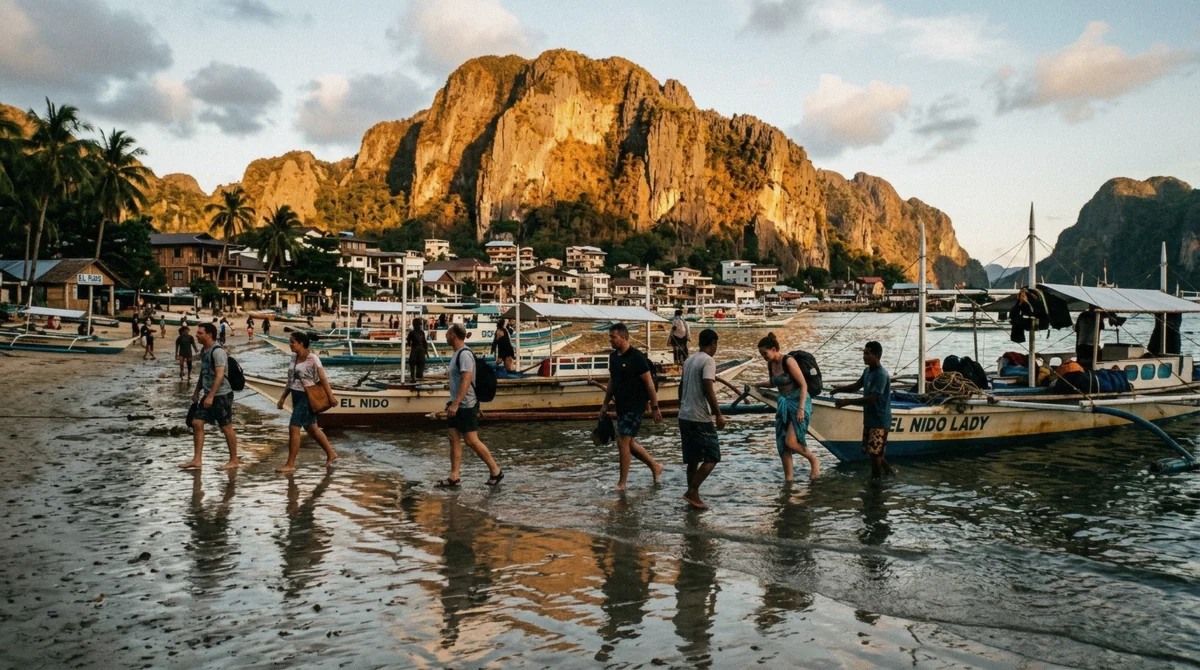 Passengers wading ashore from an outrigger boat onto El Nido town beach in late-afternoon light at the end of an El Nido island hopping tour, Palawan