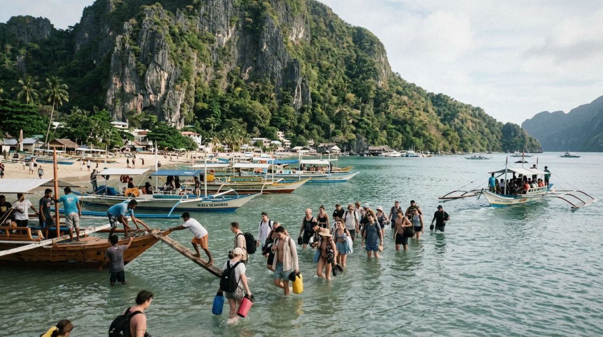 Line of wooden outrigger bangkas waiting off El Nido town beach at nine in the morning before an El Nido island hopping tour, Bacuit Bay, Palawan