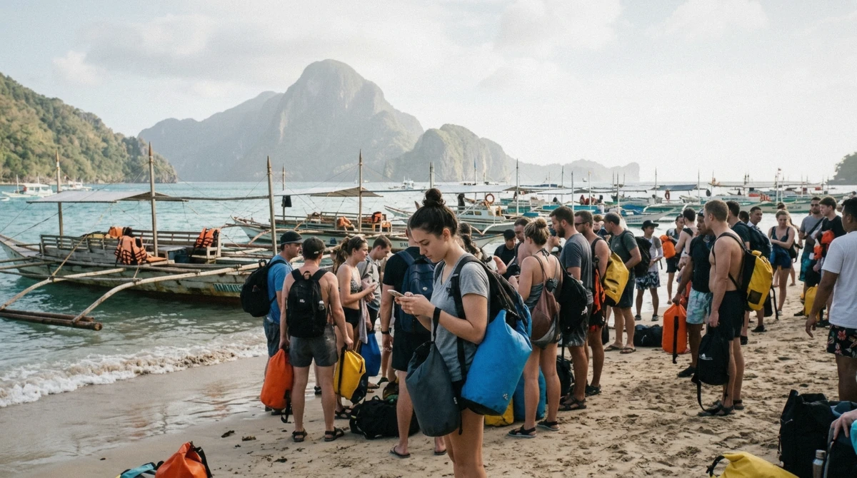 Travellers wading out to a wooden bangka from the sand with dry bags held overhead at the start of an El Nido island hopping tour, Bacuit Bay, Palawan