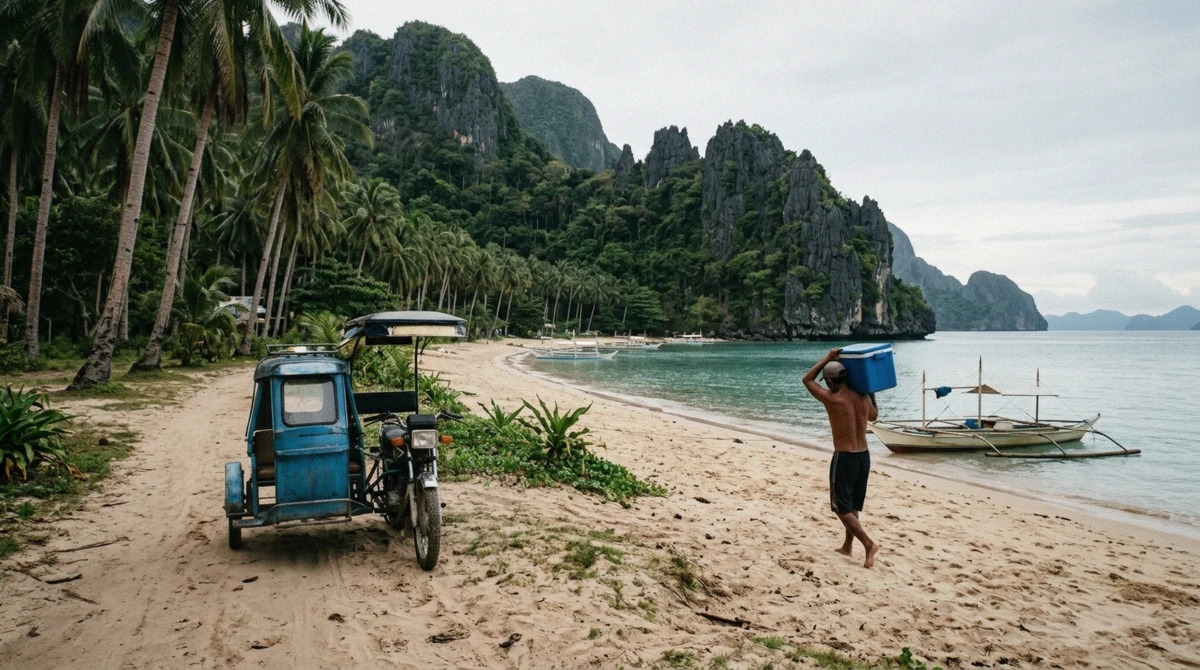Lone outrigger boat leaving El Nido town beach at first light ahead of the moored shared fleet for a private El Nido island hopping tour, Palawan