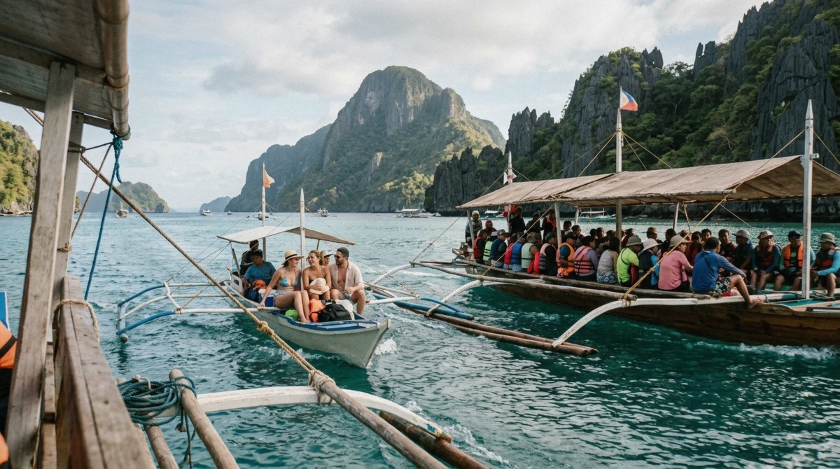 Small private outrigger boat with four passengers anchored alone in a lagoon while a larger shared bangka passes behind it on an El Nido island hopping tour, Bacuit Bay, Palawan