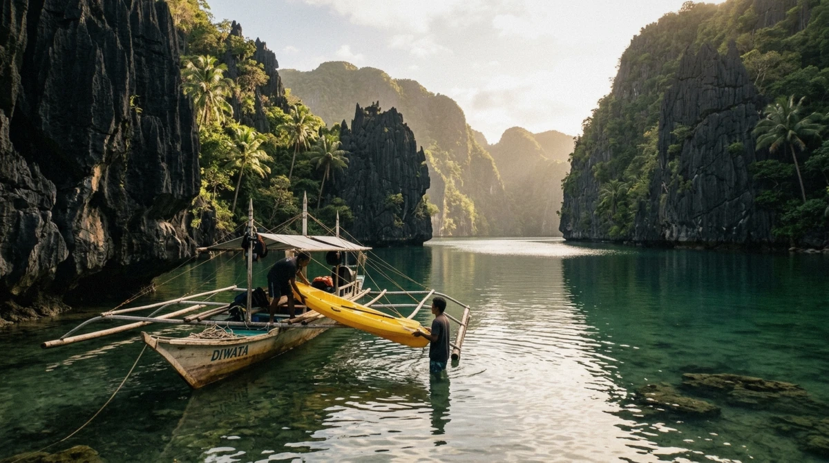 Peso notes and an eco-tourism fee receipt laid on a wooden table beside a boat ticket before an El Nido island hopping tour, El Nido town, Palawan