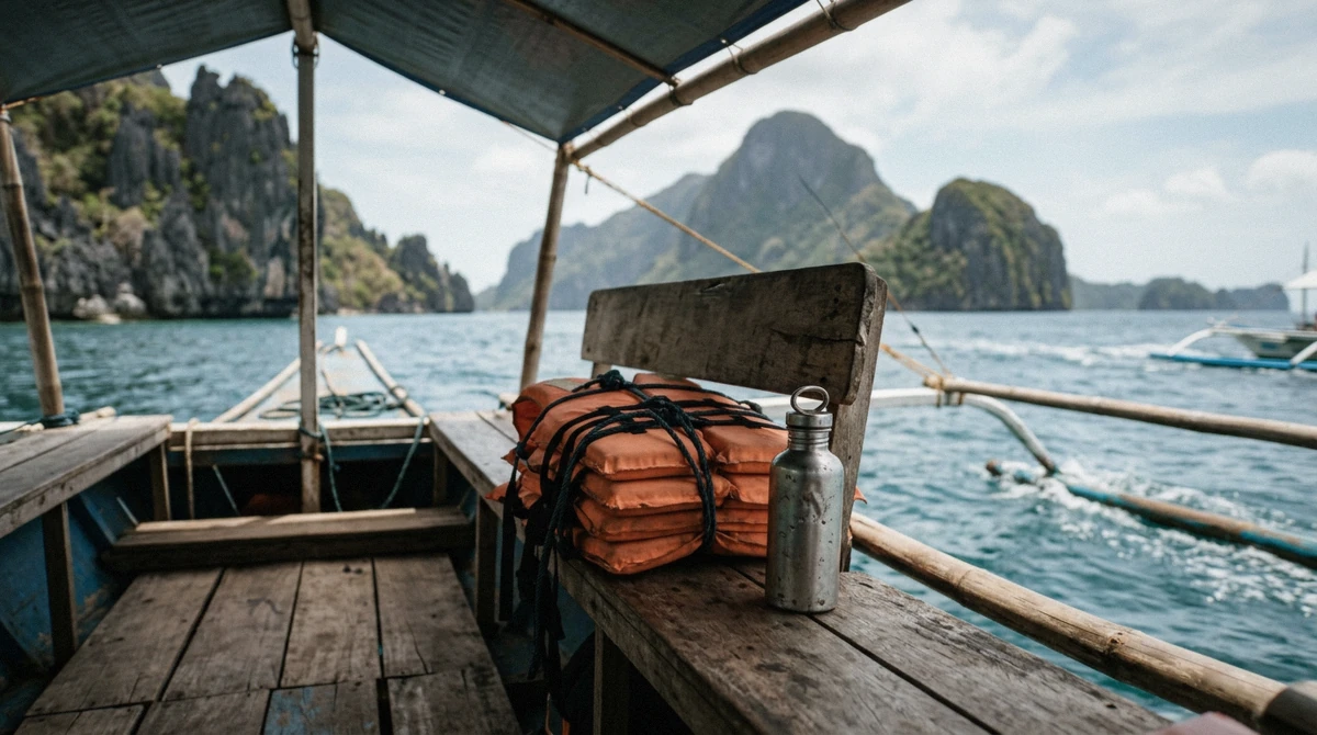 Refillable water bottle, reef shoes and a dry bag on the open deck of a bangka under a canvas roof during an El Nido island hopping tour, Bacuit Bay, Palawan