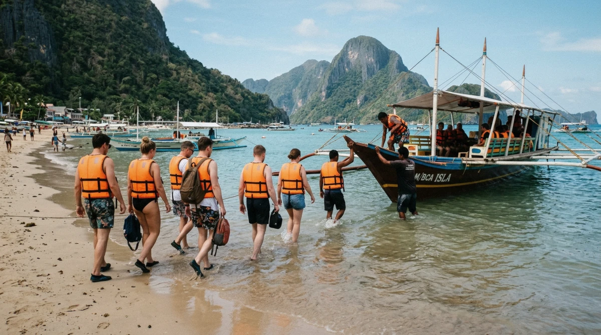 Travellers in orange life vests wading from the sand out to a waiting outrigger bangka at the start of an El Nido island hopping tour, Bacuit Bay, Palawan