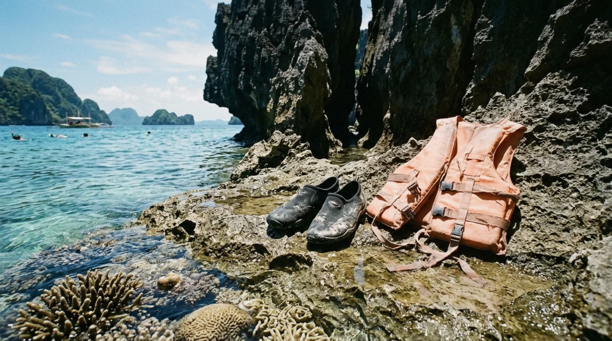Swimmer in a rash guard and reef shoes entering shallow water beside limestone rock at a swim-in beach on an El Nido island hopping tour, Bacuit Bay, Palawan