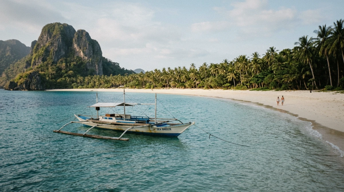 Empty white sand of Secret Beach seen through the rock opening a swimmer has just come through, early morning light, on a private El Nido island hopping tour, Matinloc Island, Palawan