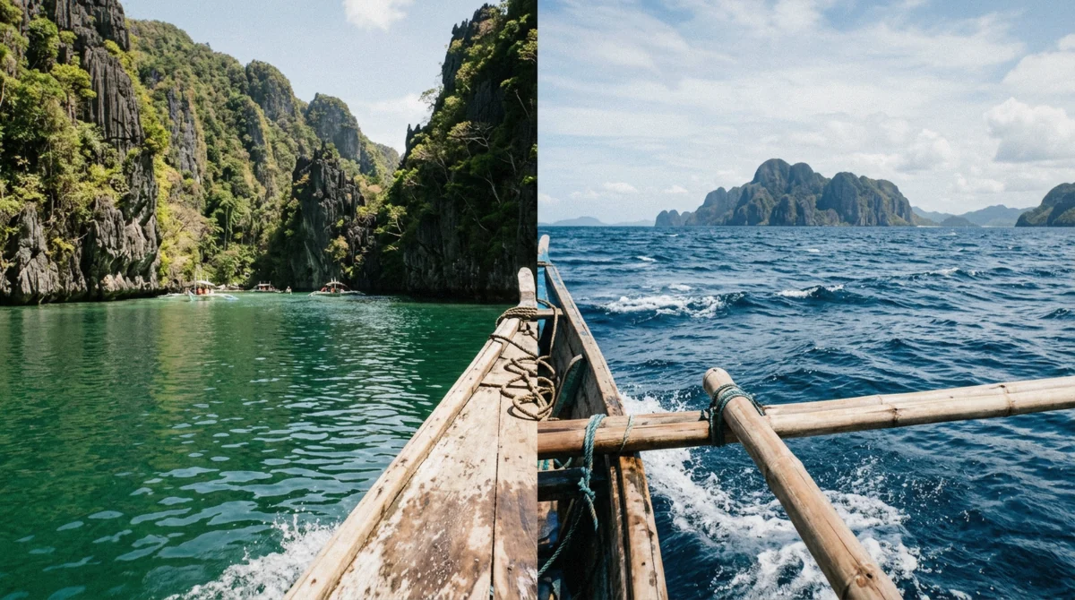 Two bangkas heading in opposite directions across Bacuit Bay, one toward the sheltered lagoons of Miniloc and one toward the open Tapiutan Strait, on an El Nido island hopping tour, Palawan