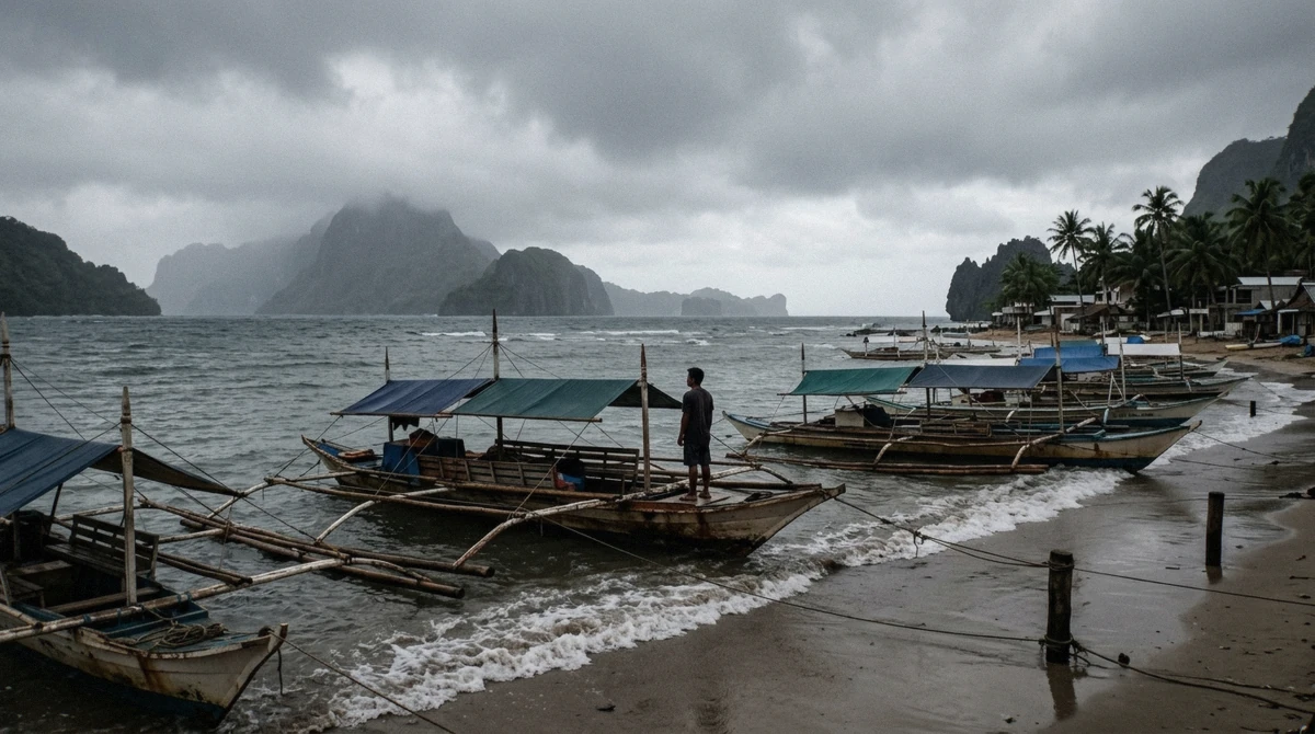 Outrigger bangkas moored close to shore under grey monsoon cloud on a morning when the El Nido island hopping tour boats stay in, Bacuit Bay, Palawan